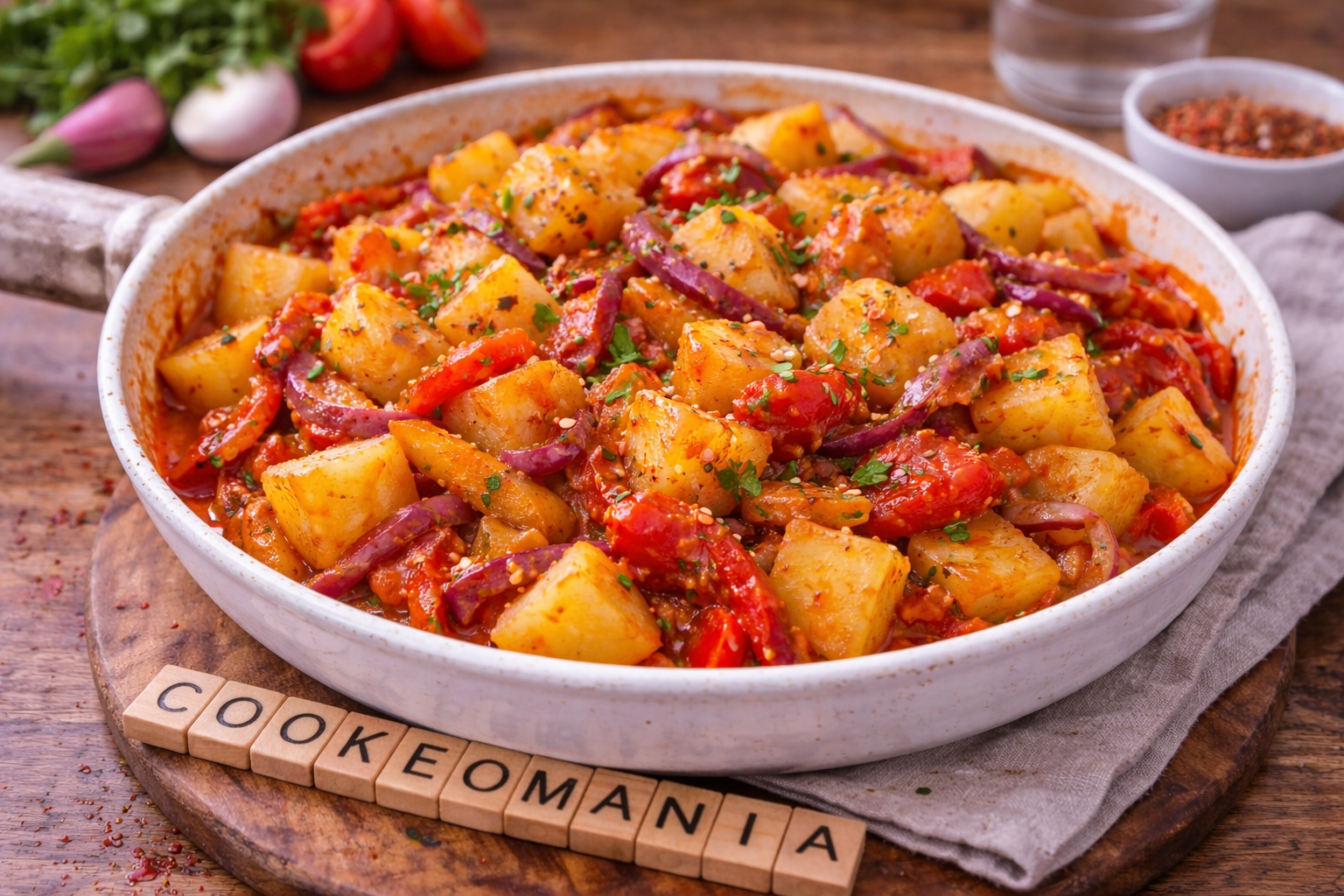 Patatas fondantes aux oignons rouges, poivrons grillés et tomates au Cookeo