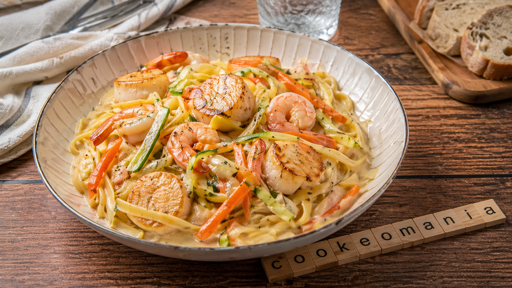 Pâtes aux Saint-Jacques, crevettes et julienne de légumes
