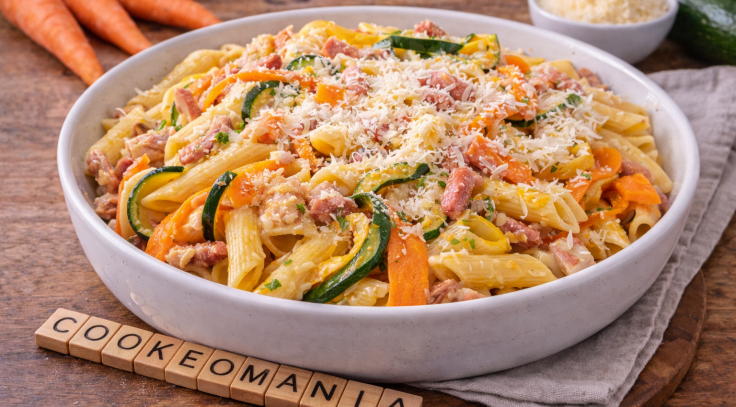 Pennes rigate façon carbonara aux carottes et courgettes au Cookeo