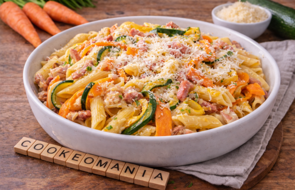 Pennes rigate façon carbonara aux carottes et courgettes au Cookeo