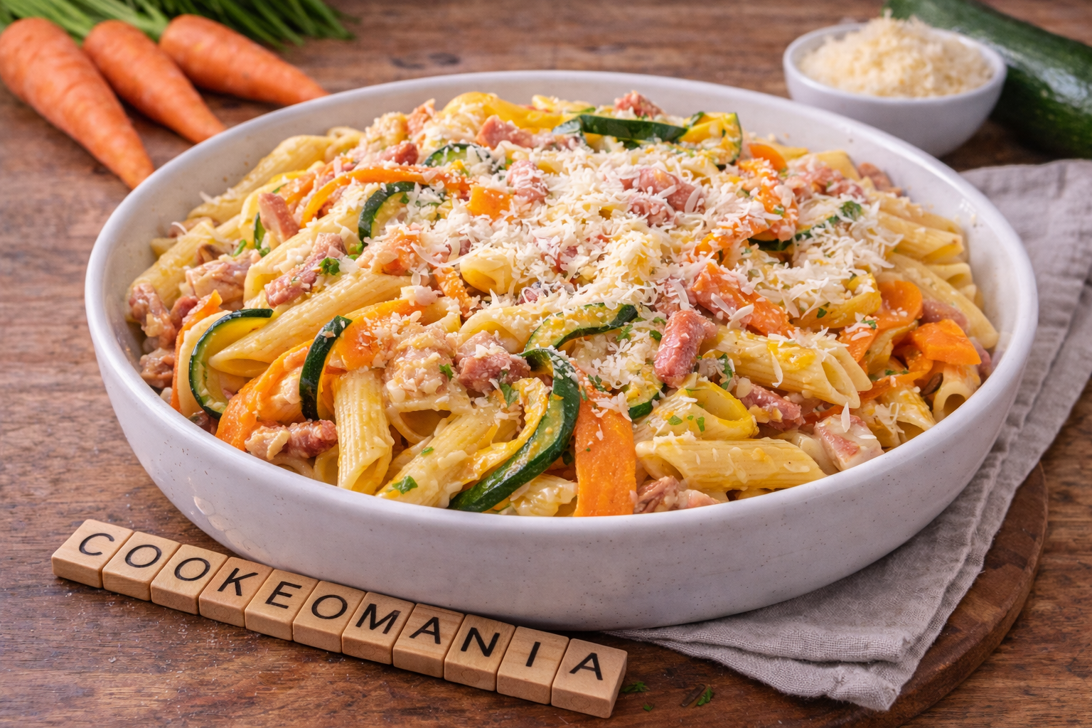 Pennes rigate façon carbonara aux carottes et courgettes au Cookeo