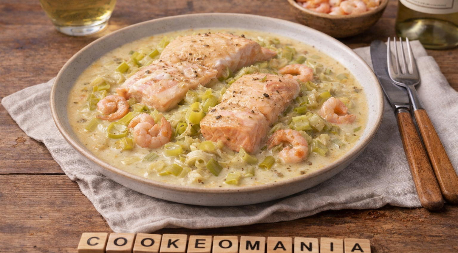 Pavés de saumon et crevettes au Cookeo la recette facile aux poireaux et vin blanc