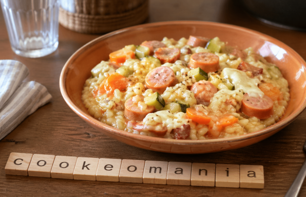 Risotto aux knacki, bacon, carottes et chèvre au Cookeo une recette crémeuse et ultra réconfortante