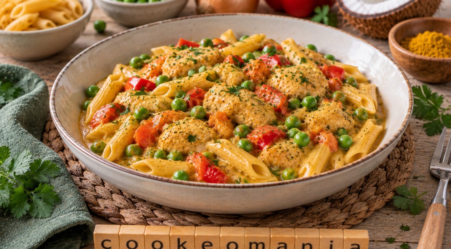 One pot pasta coco-curry au poulet, poivron et petits pois
