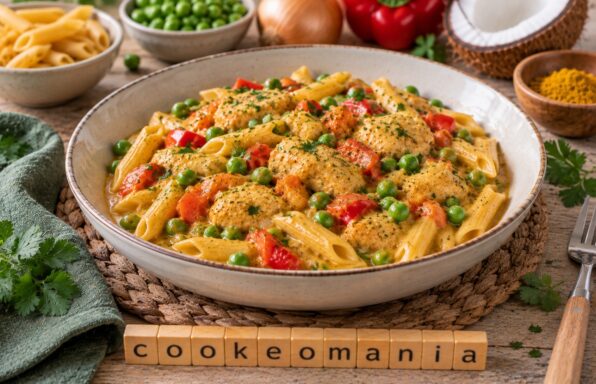 One pot pasta coco-curry au poulet, poivron et petits pois