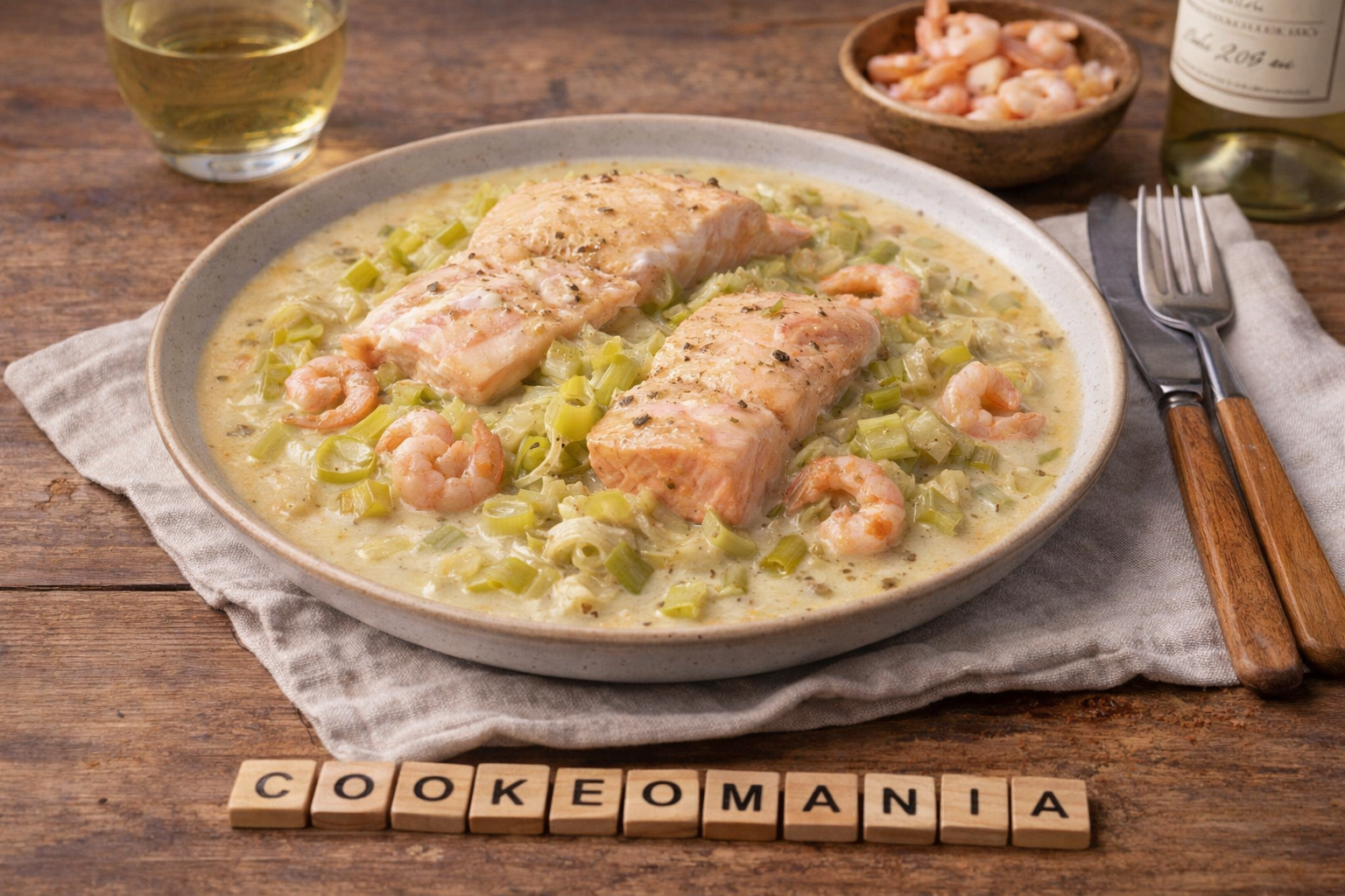 Pavés de saumon et crevettes au Cookeo la recette facile aux poireaux et vin blanc