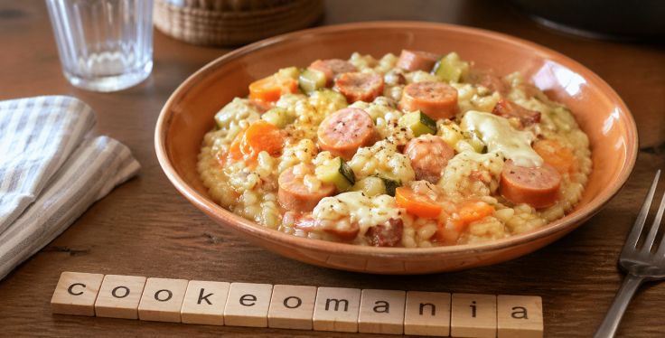 Risotto aux knacki, bacon, carottes et chèvre au Cookeo une recette crémeuse et ultra réconfortante