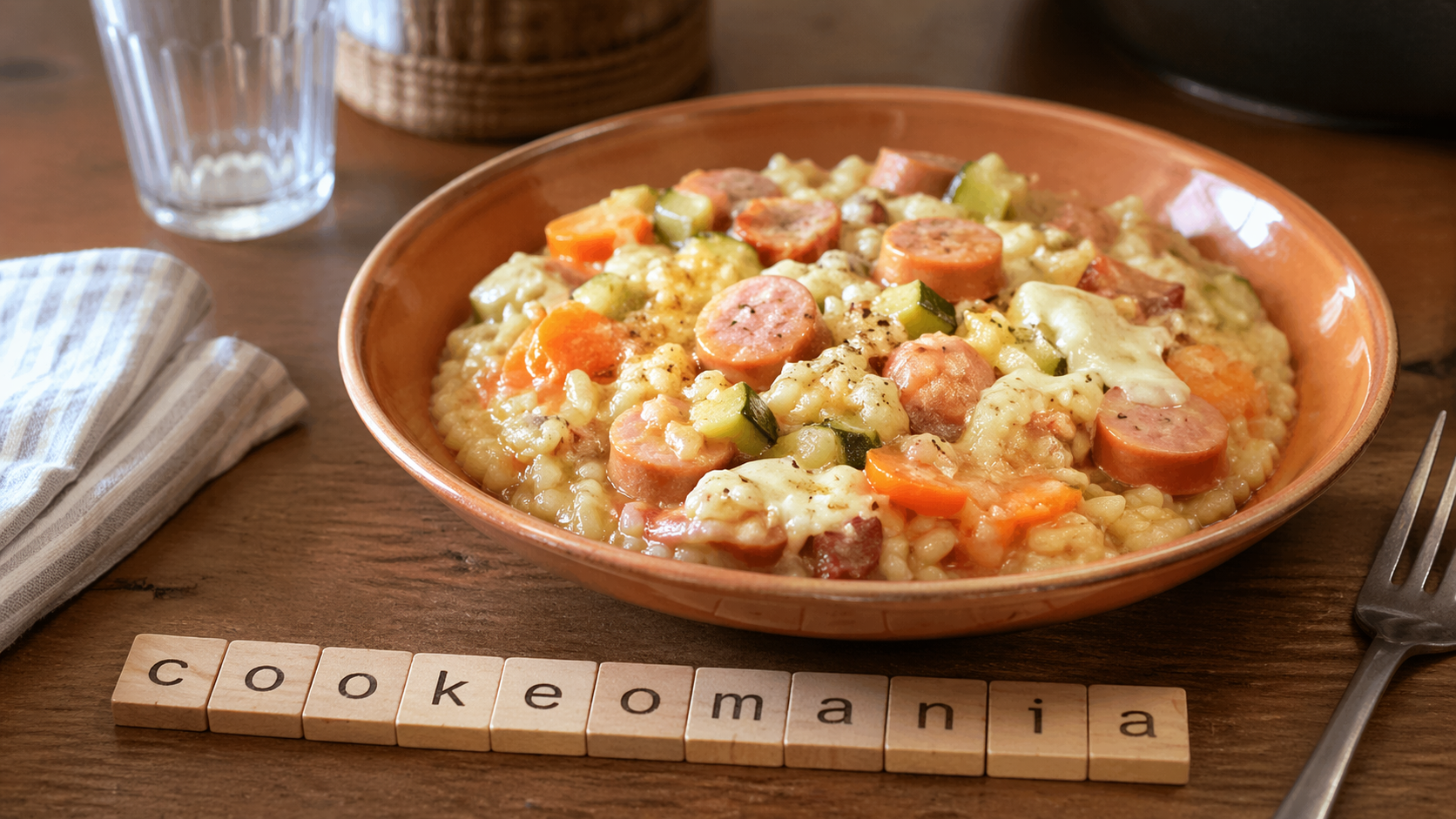 Risotto aux knacki, bacon, carottes et chèvre au Cookeo une recette crémeuse et ultra réconfortante