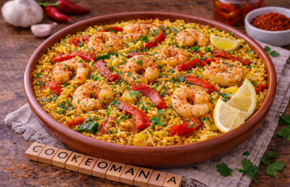 Riz pilaf aux crevettes, poivrons grillés et épices douces