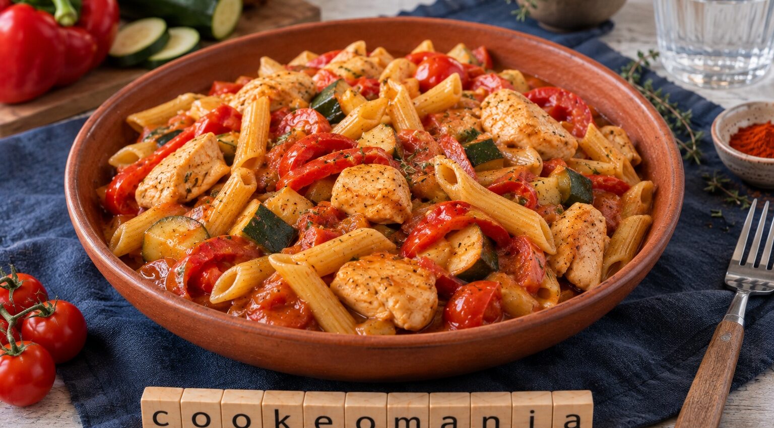 One pot pasta au poulet, poivron et courgette