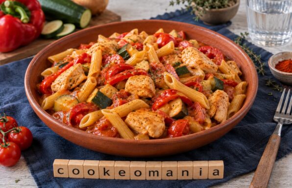 One pot pasta au poulet, poivron et courgette