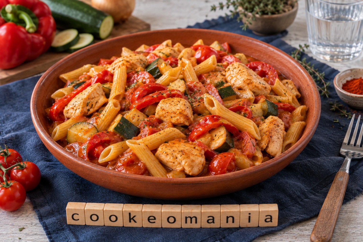 One pot pasta au poulet, poivron et courgette
