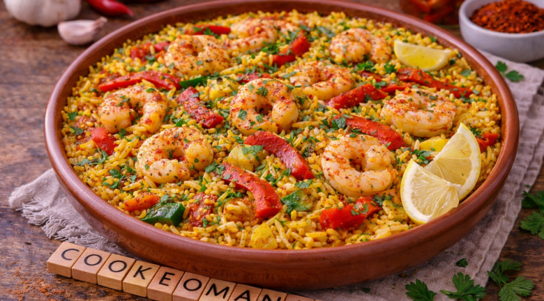 Riz pilaf aux crevettes, poivrons grillés et épices douces