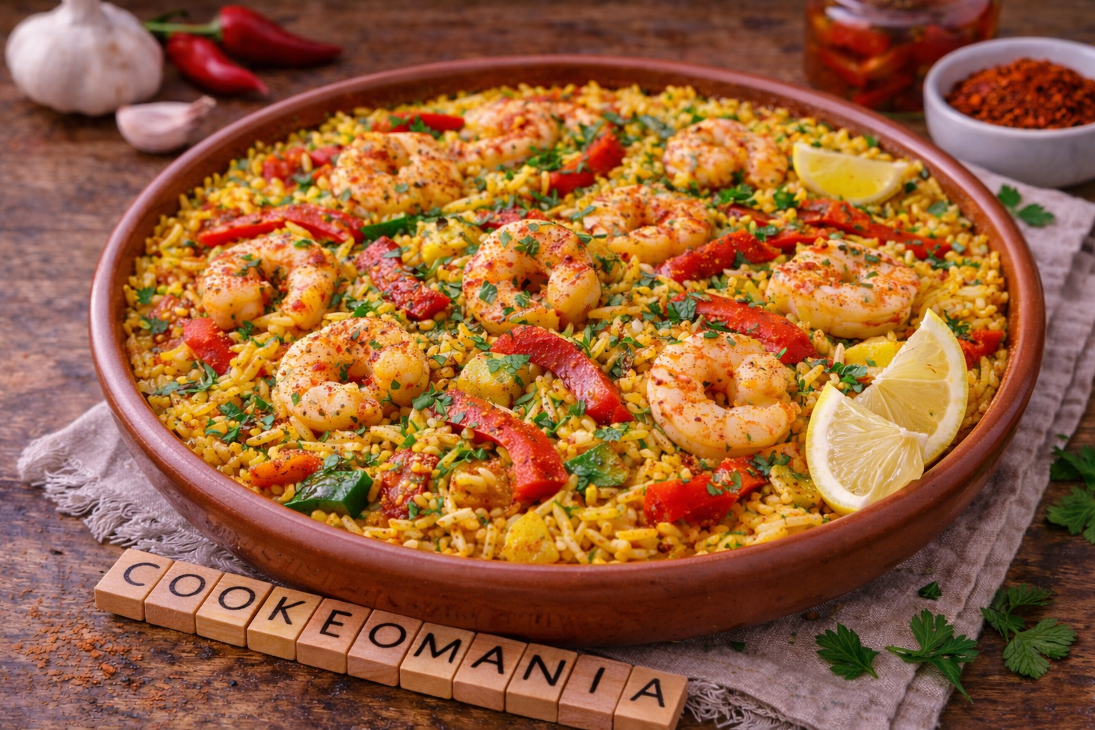 Riz pilaf aux crevettes, poivrons grillés et épices douces