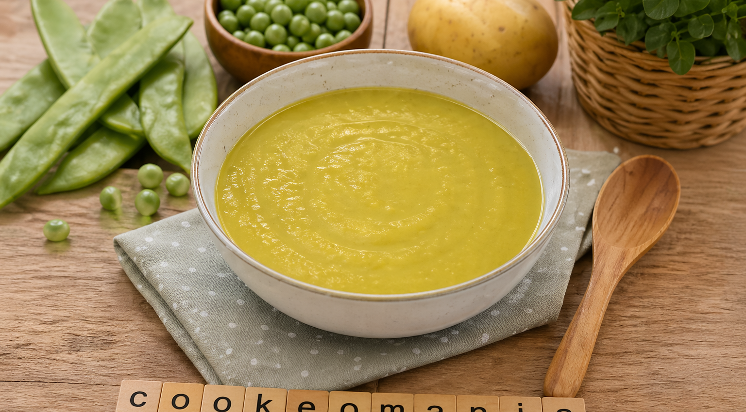 Bouillon doux de pomme de terre, petits pois et cocos plats