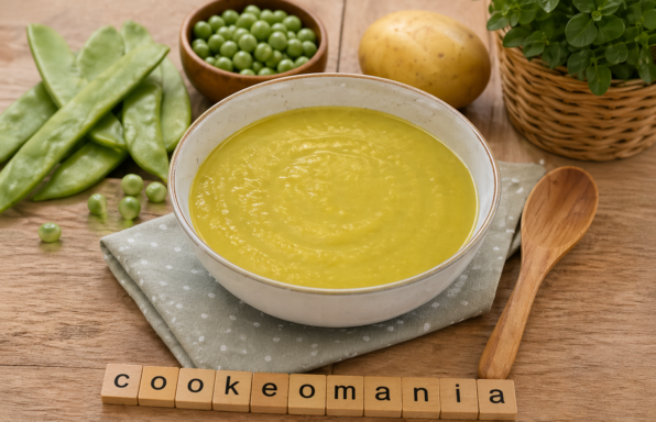 Bouillon doux de pomme de terre, petits pois et cocos plats