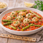 Tajine de cabillaud aux asperges et petites boulettes sauce tomate au multicuiseur cookéo
