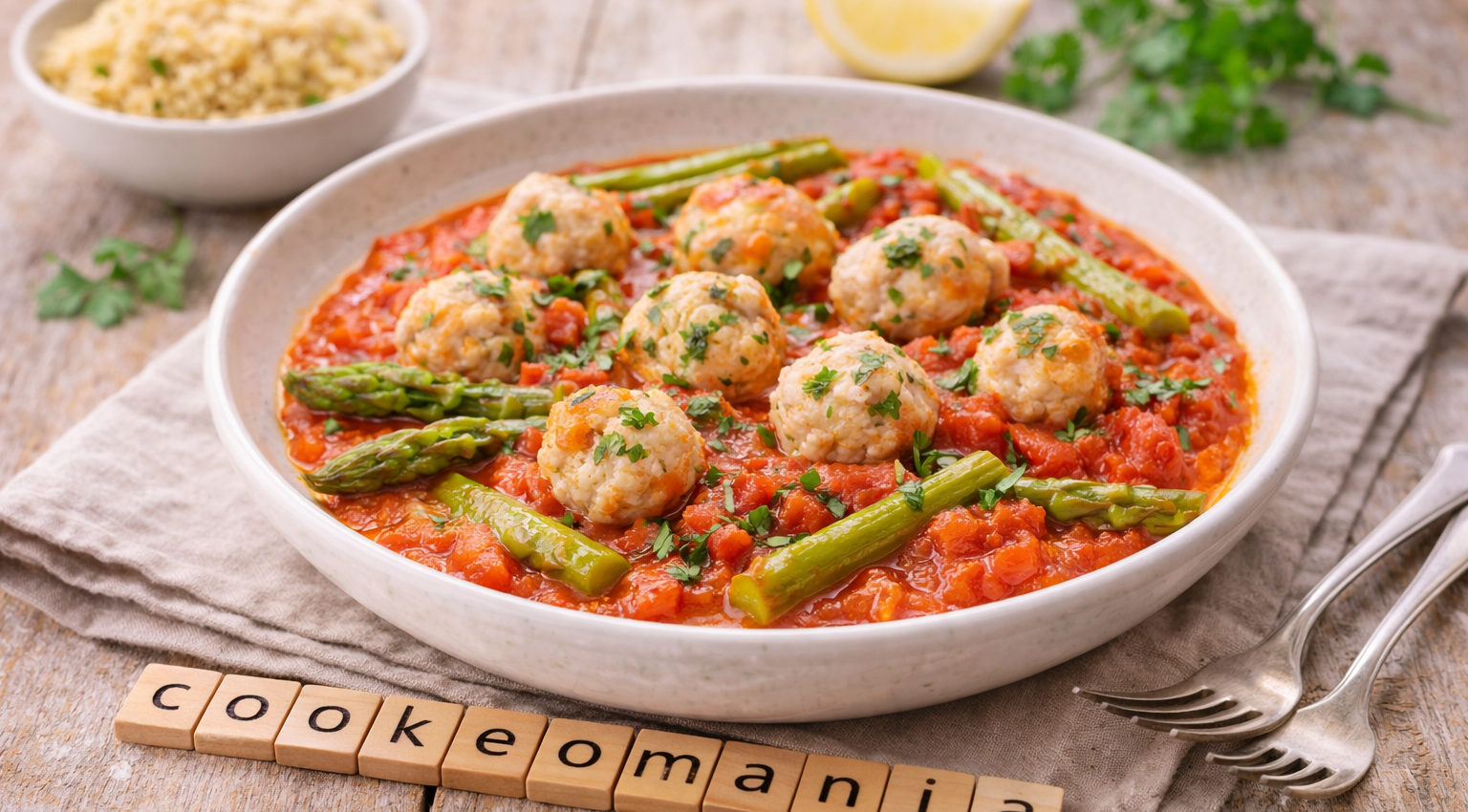 Tajine de cabillaud aux asperges et petites boulettes sauce tomate au Cookeo