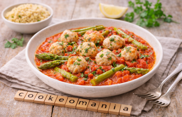 Tajine de cabillaud aux asperges et petites boulettes sauce tomate au Cookeo
