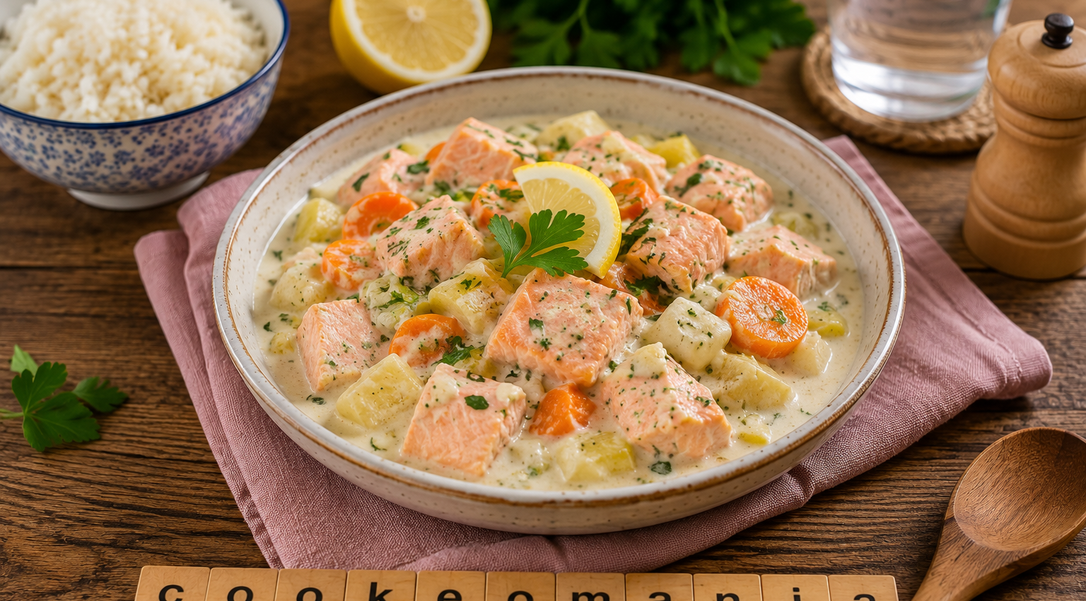 Blanquette de saumon crémeuse, champignons et petits légumes