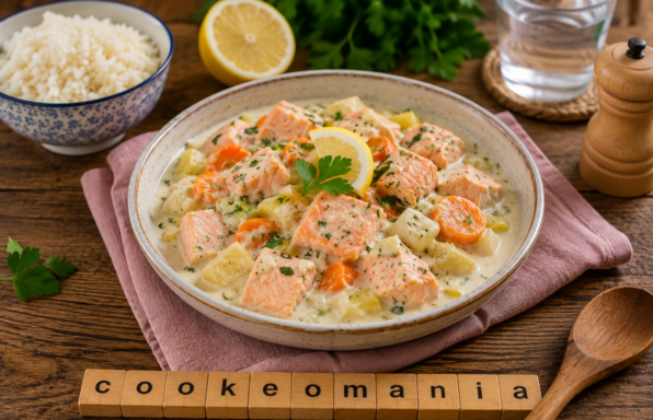 Blanquette de saumon crémeuse, champignons et petits légumes