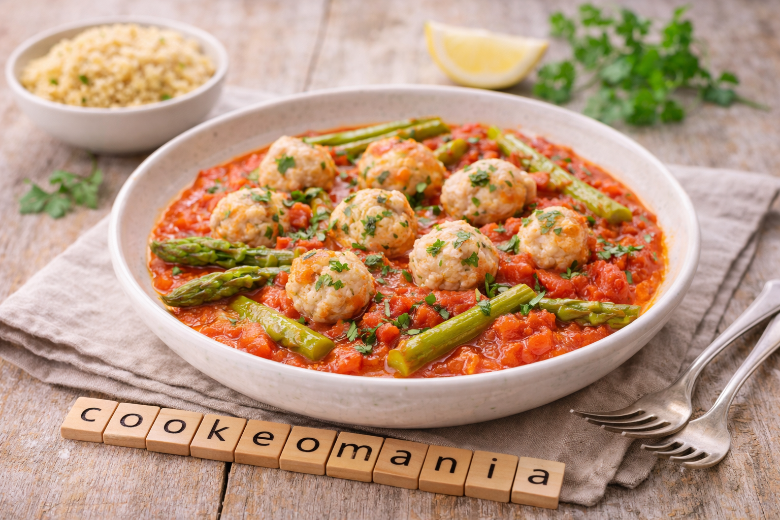 Tajine de cabillaud aux asperges et petites boulettes sauce tomate au Cookeo