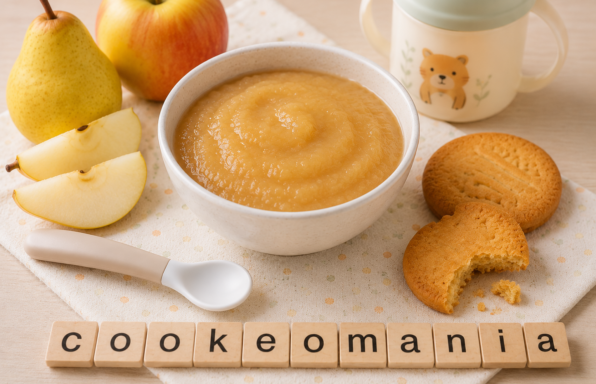 Compote bébé pomme poire caramélisée au Cookeo, avec une touche de biscuit breton