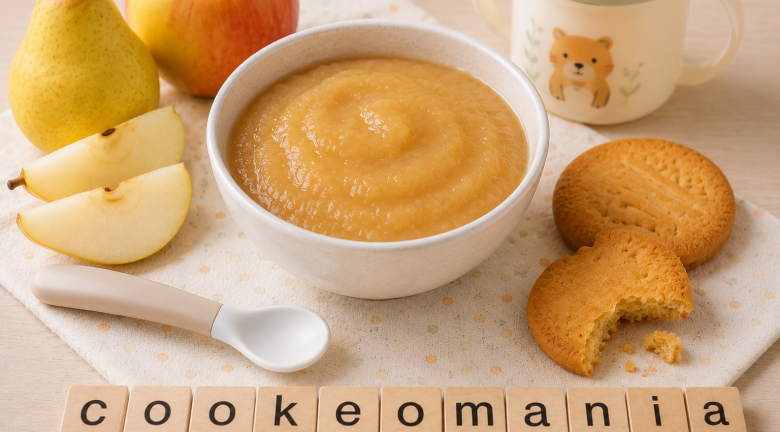 Compote bébé pomme poire caramélisée au Cookeo, avec une touche de biscuit breton