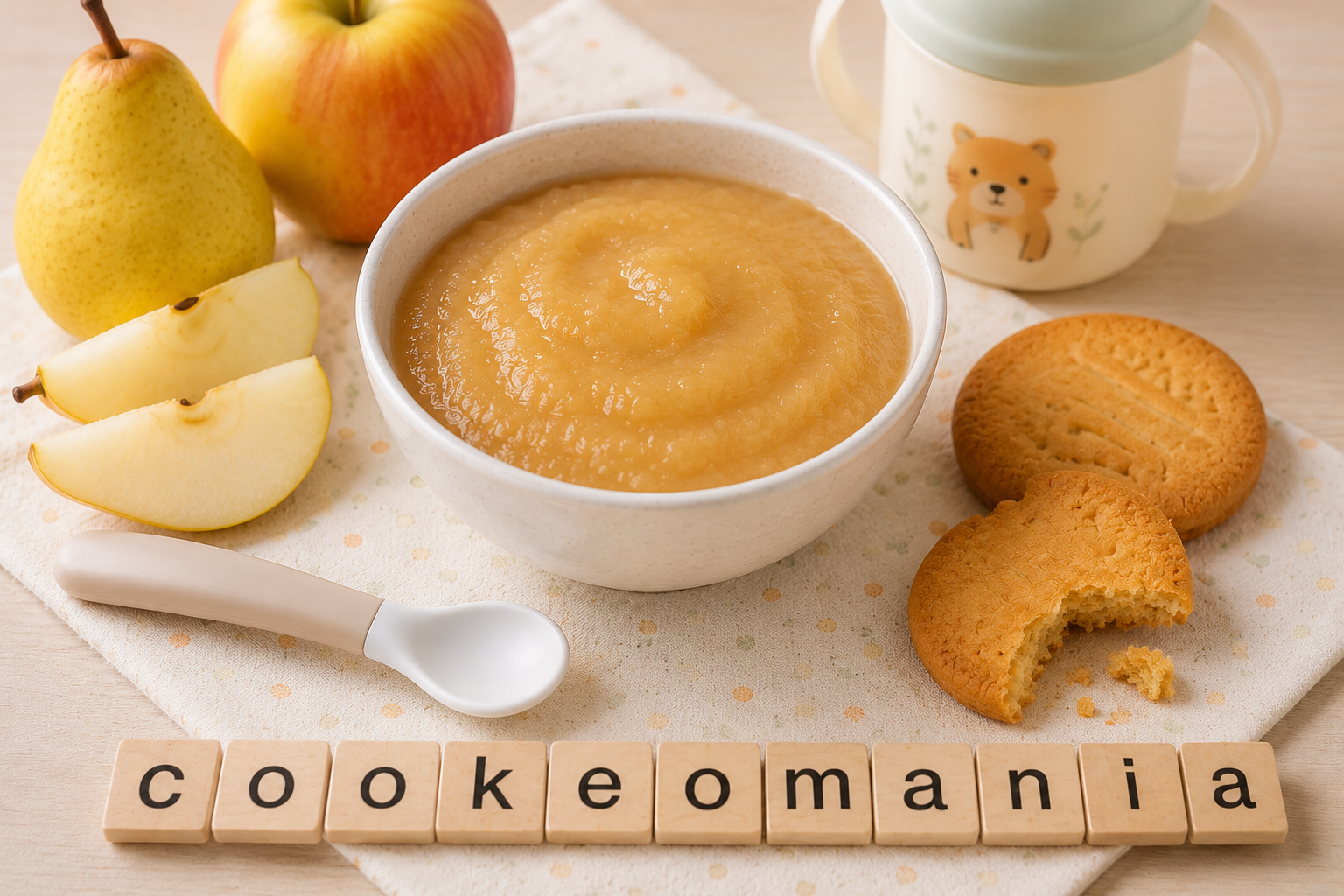 Compote bébé pomme poire caramélisée au Cookeo, avec une touche de biscuit breton