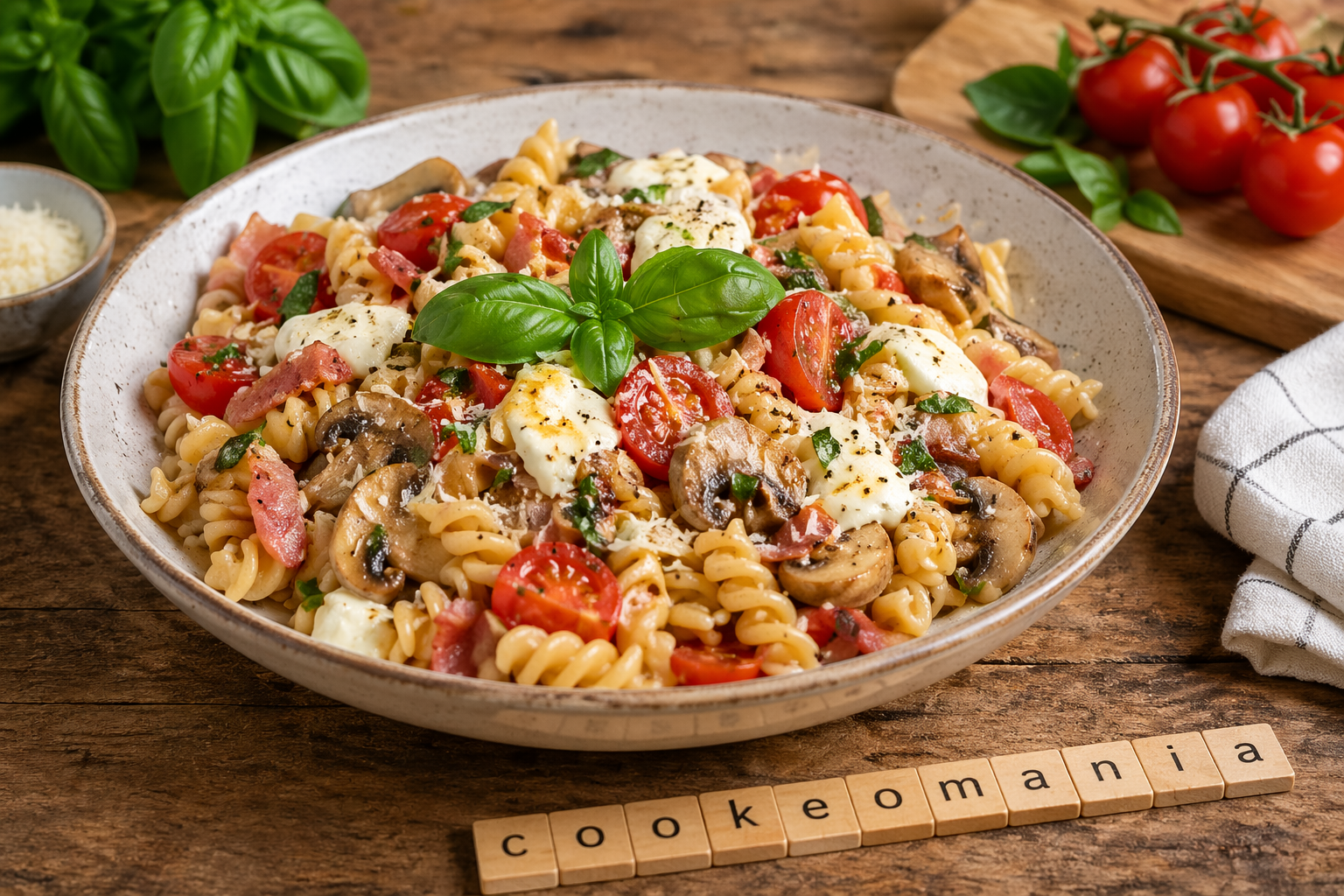 Pâtes façon pizza Margherita au Cookeo, mozzarella fondante et tomates cerises