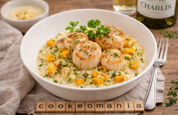 Saint-Jacques rôties au Chablis au Cookeo une recette festive avec poireaux et potimarron