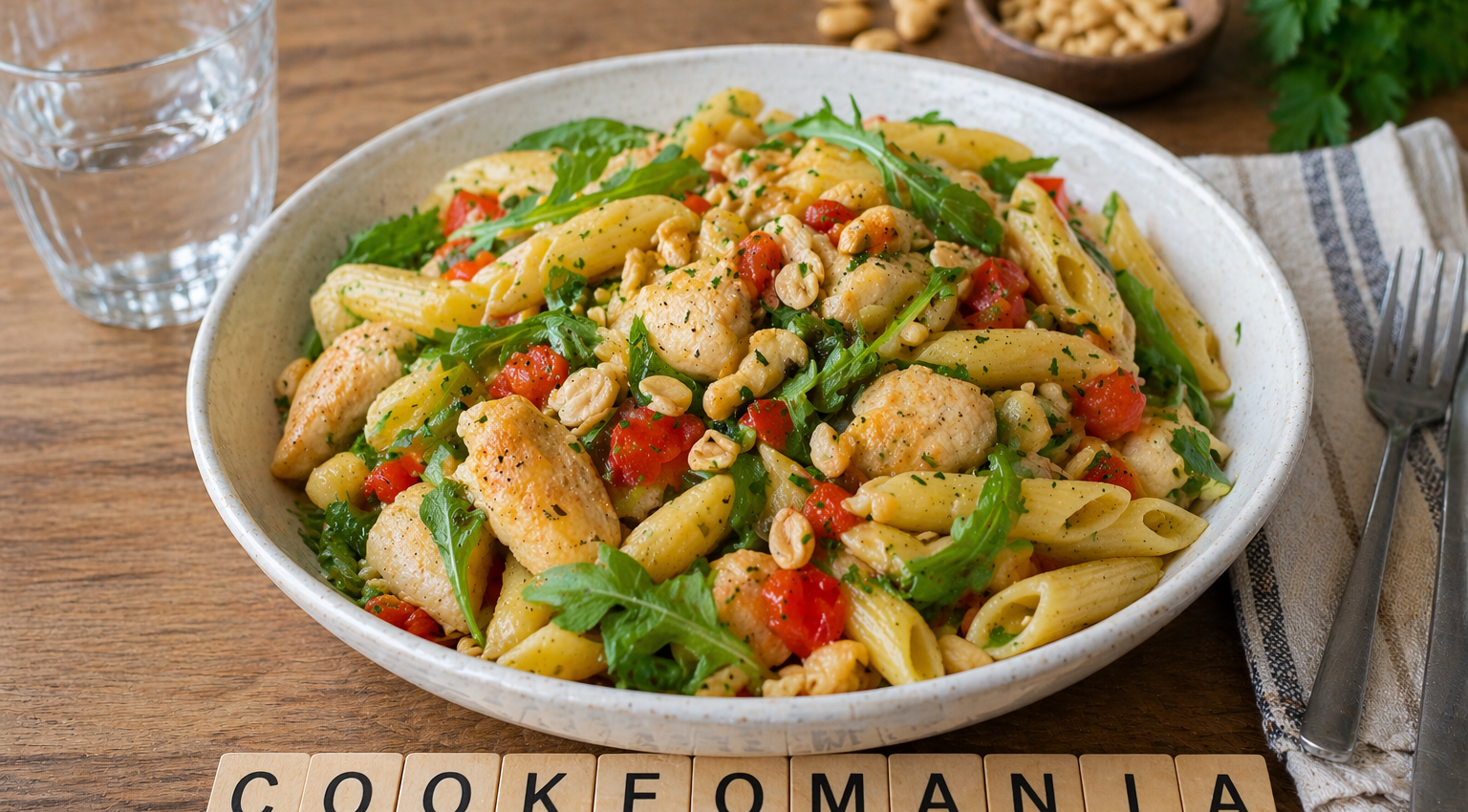 Salade au Cookeo de pâtes au poulet, cacahuètes et roquette