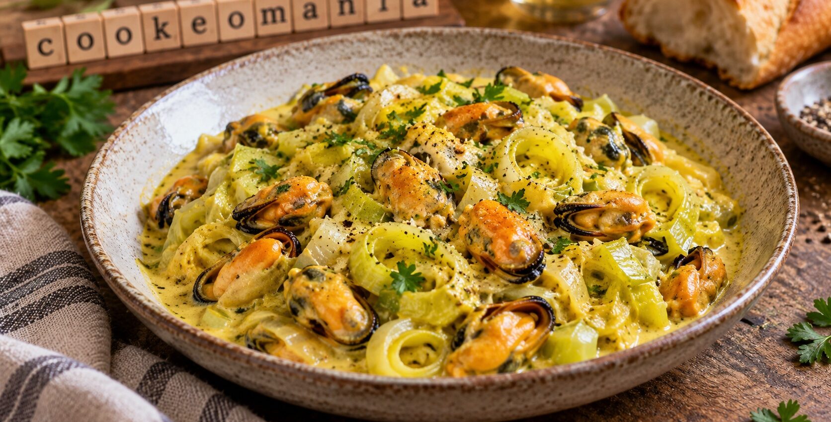 Moules aux poireaux servies dans une sauce crémeuse au curry