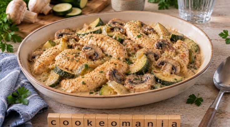 Poulet crémeux à la moutarde, courgette et champignons