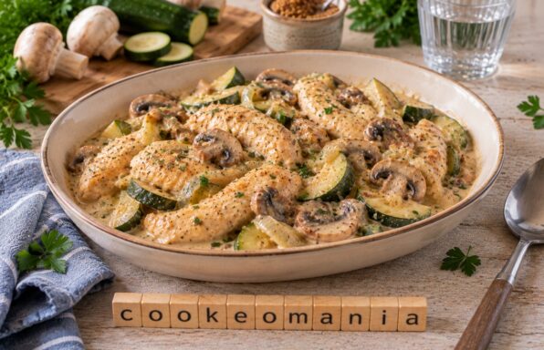 Poulet crémeux à la moutarde, courgette et champignons