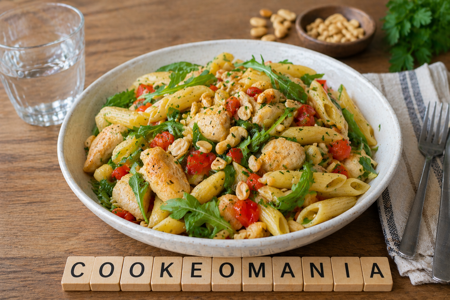 Salade au Cookeo de pâtes au poulet, cacahuètes et roquette
