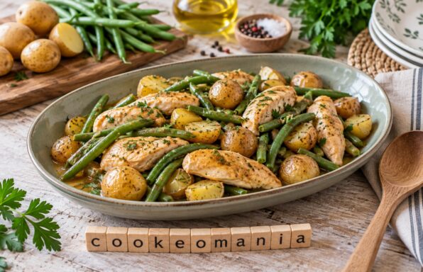 Aiguillettes de poulet, grenailles et haricots verts