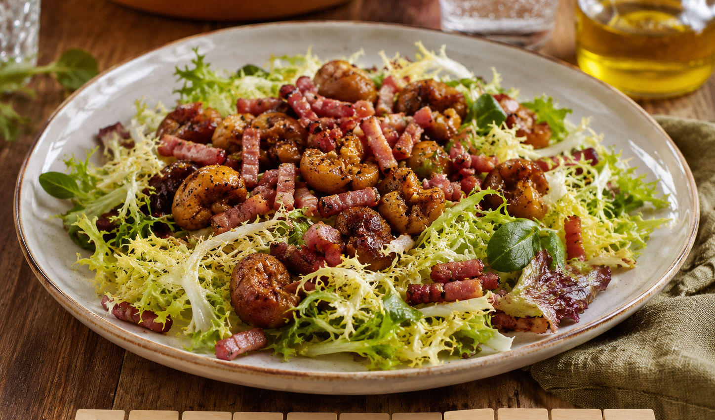 Salade tiède de châtaignes grillées et lardons