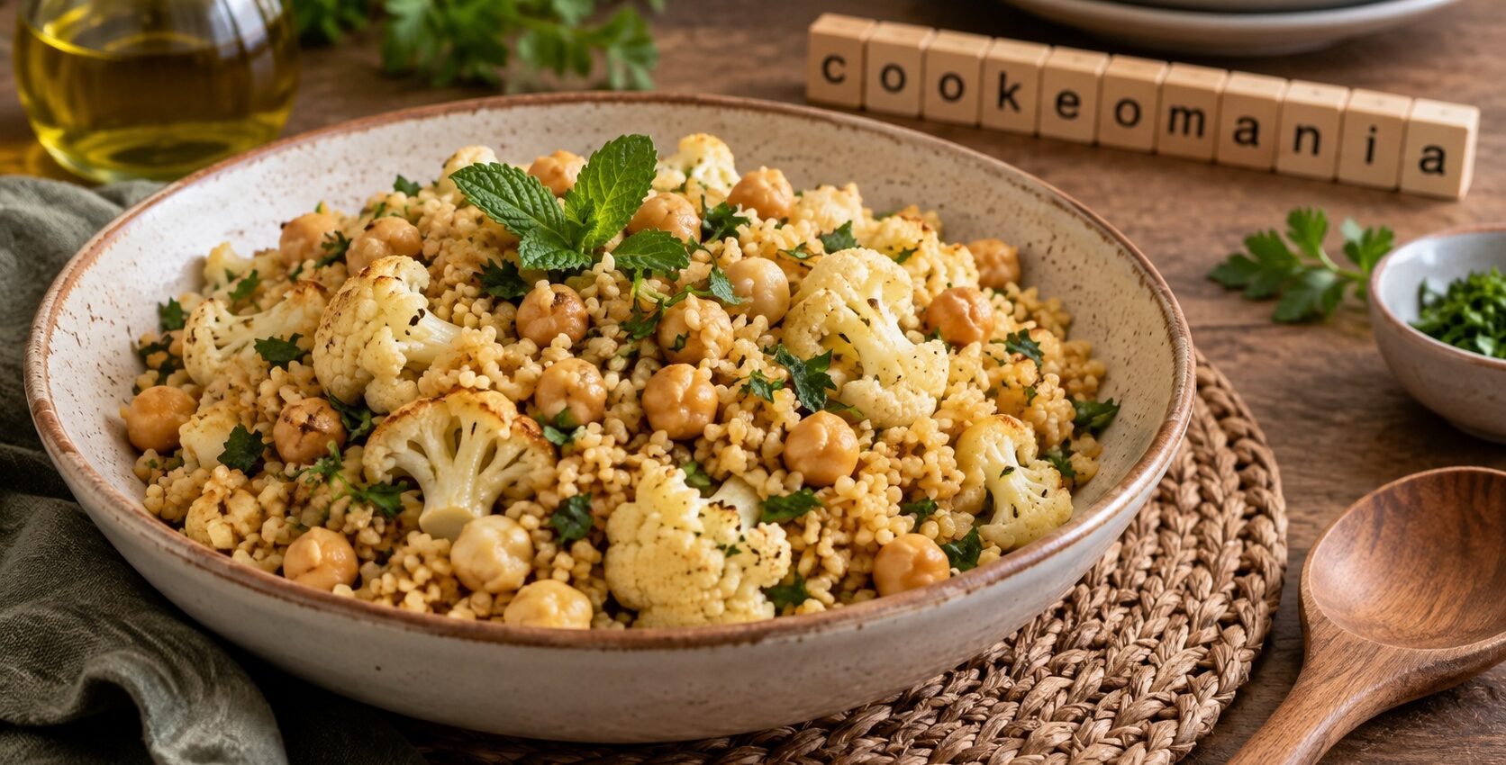 Boulgour au chou-fleur et pois chiches servi dans un grand plat avec herbes fraîches