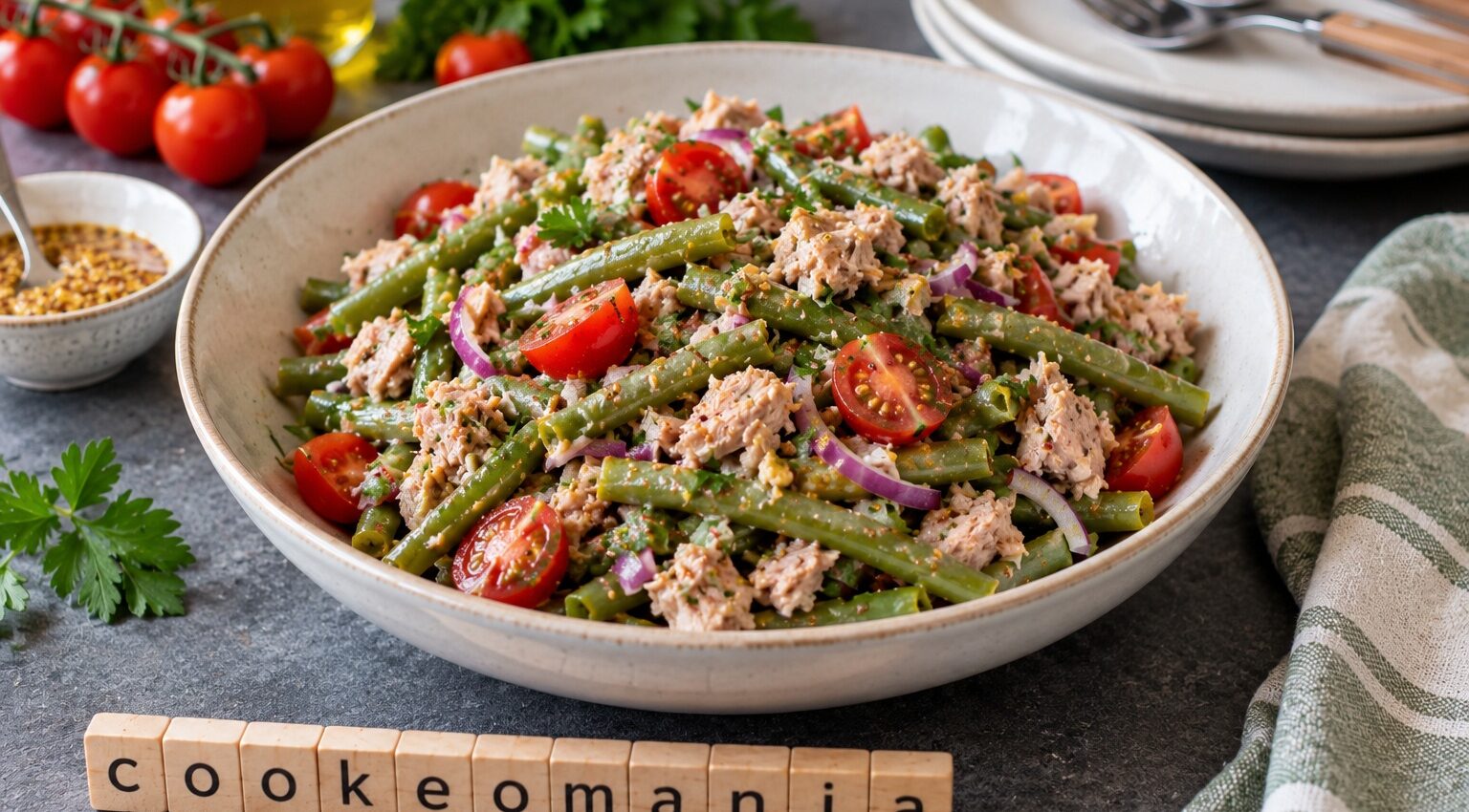 Salade d' haricot verts et thon à la moutarde