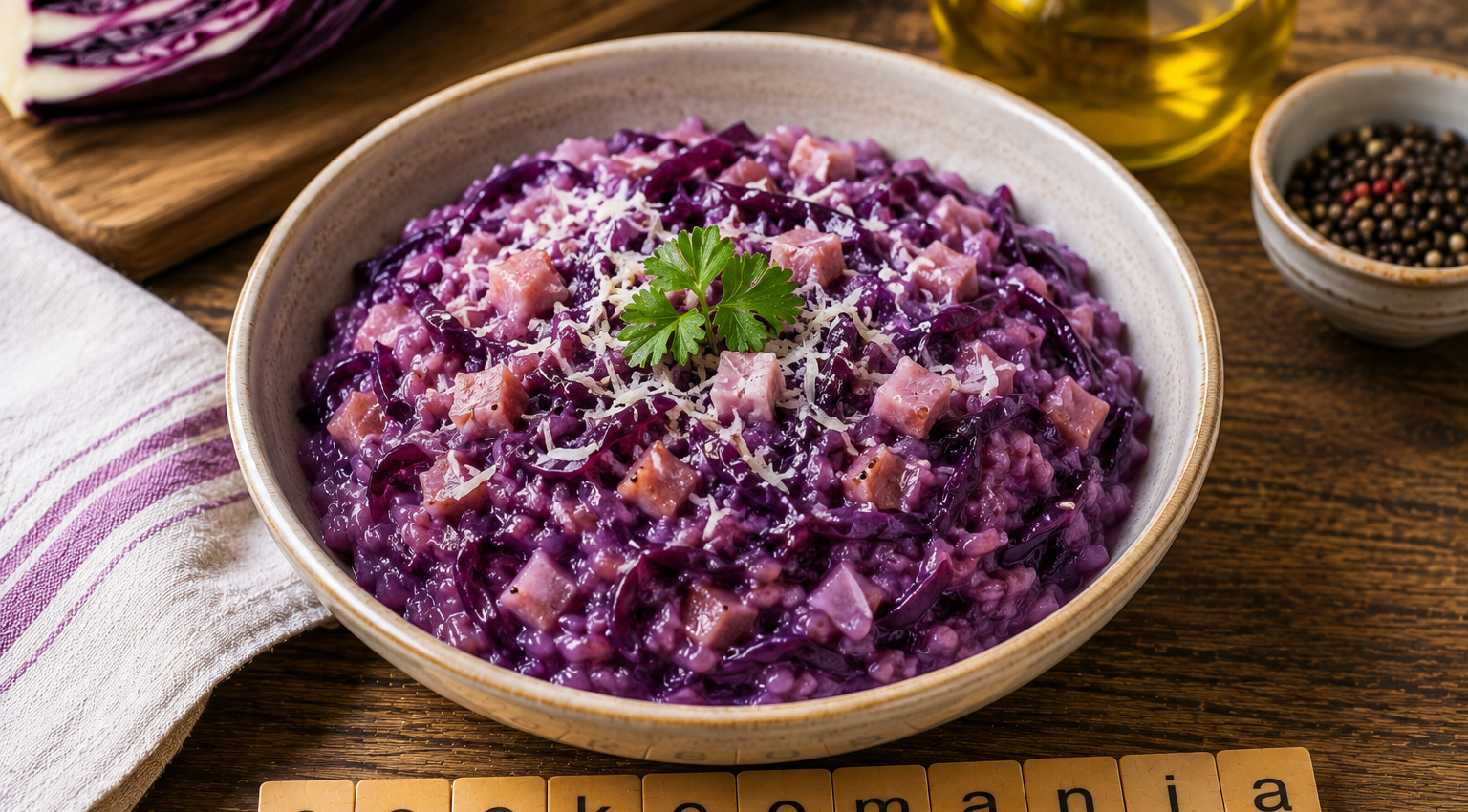 Risotto crémeux au jambon cru et chou rouge