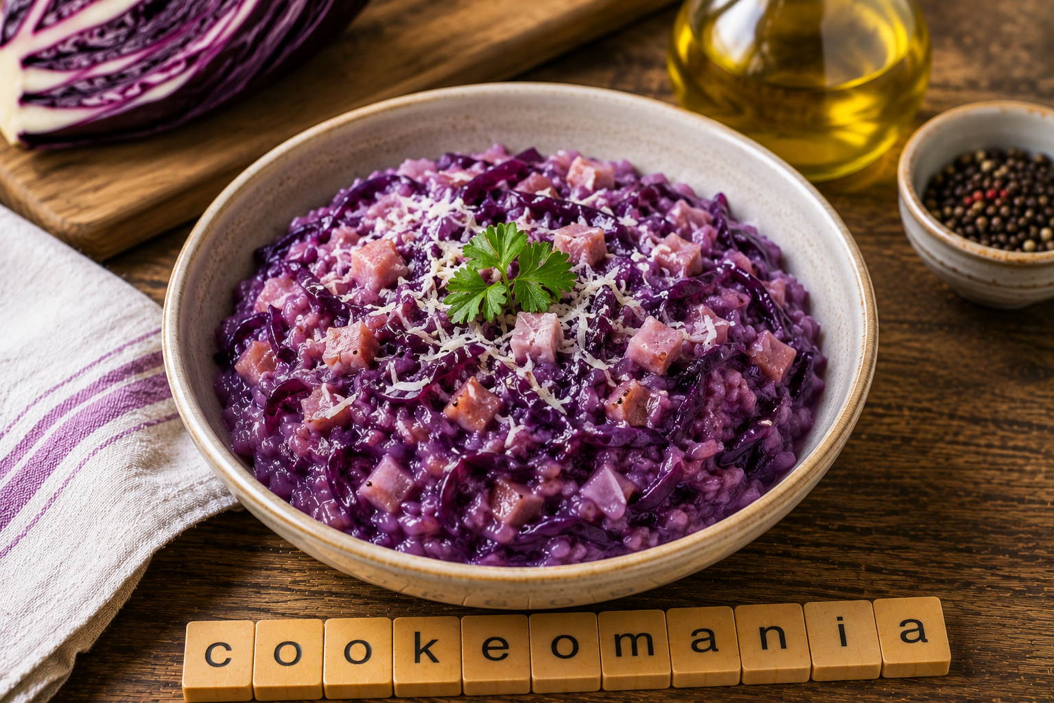 Risotto crémeux au jambon cru et chou rouge