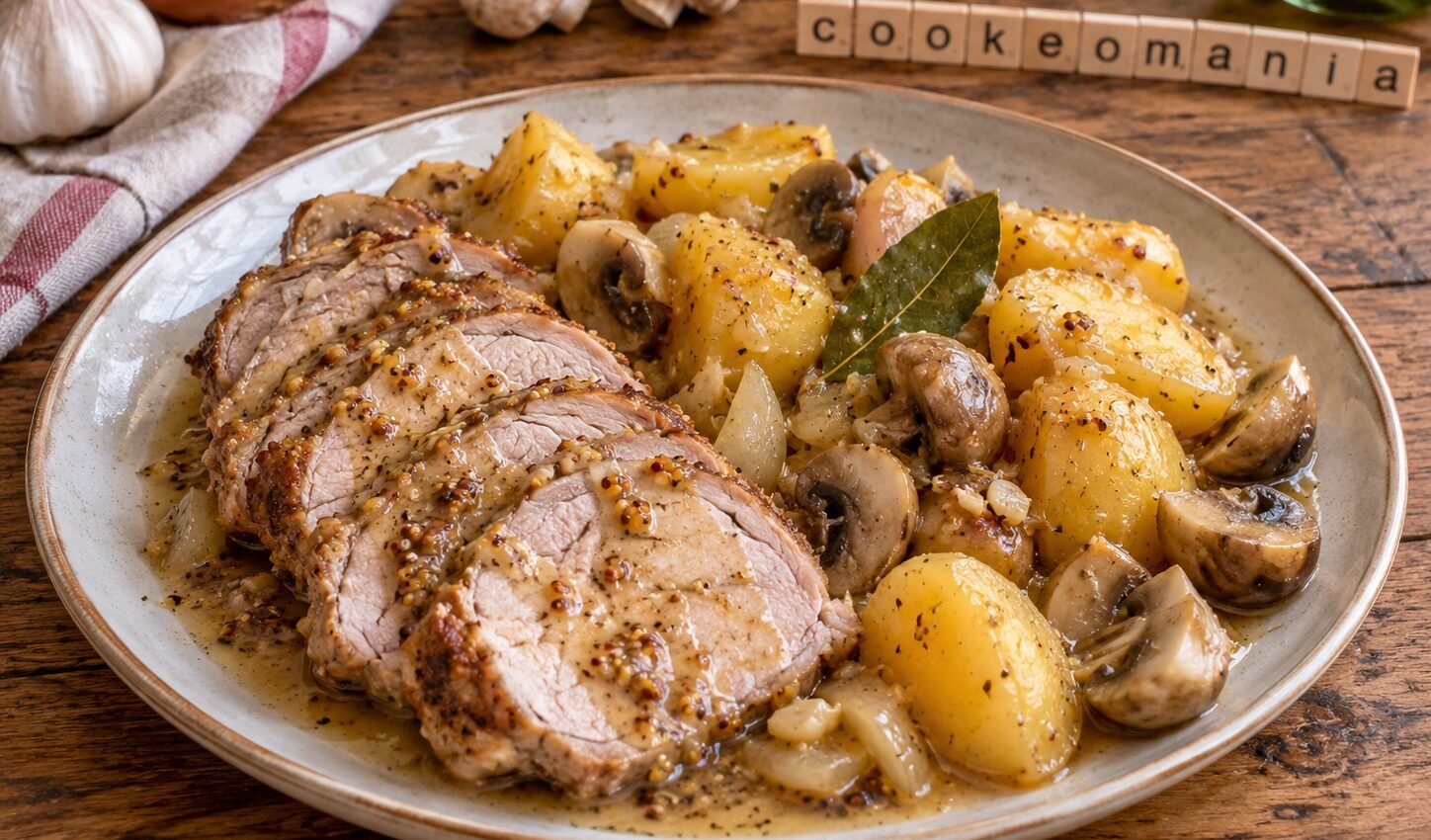 Rôti de porc au Cookeo servi en tranches avec pommes de terre, champignons de Paris et sauce à la moutarde à l’ancienne