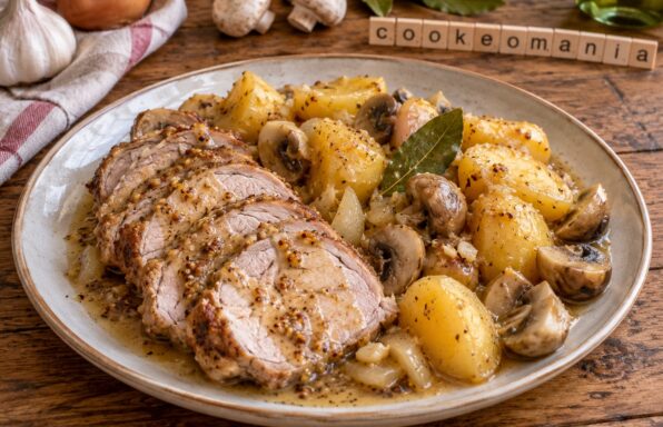 Rôti de porc au Cookeo servi en tranches avec pommes de terre, champignons de Paris et sauce à la moutarde à l’ancienne