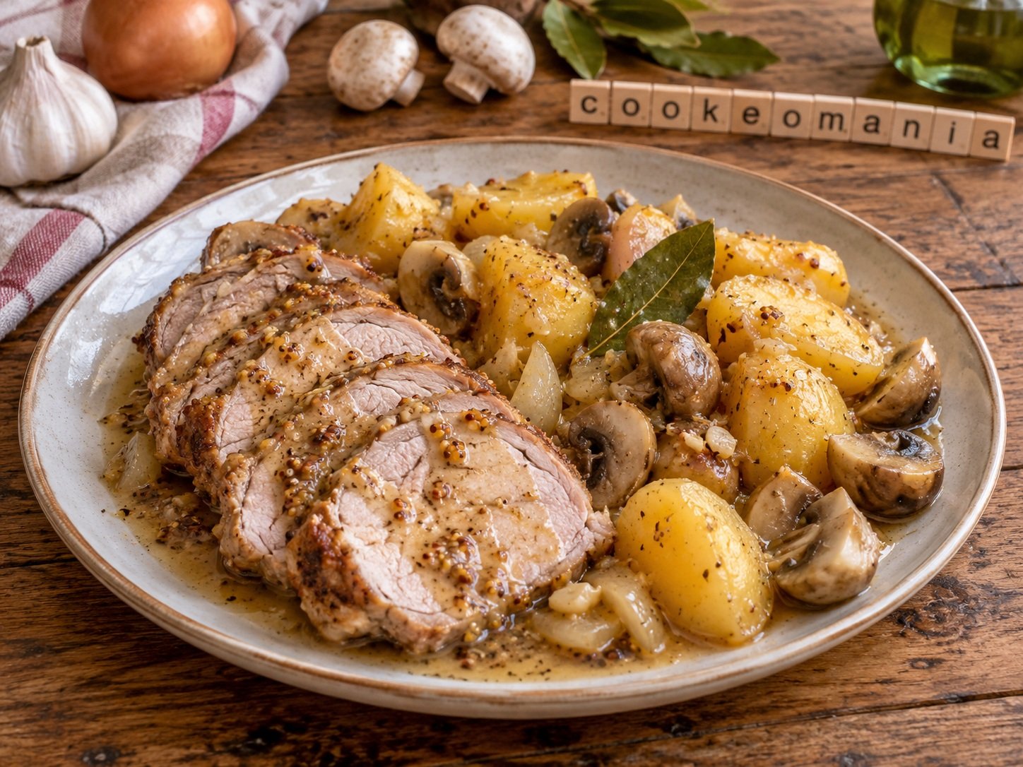 Rôti de porc au Cookeo servi en tranches avec pommes de terre, champignons de Paris et sauce à la moutarde à l’ancienne
