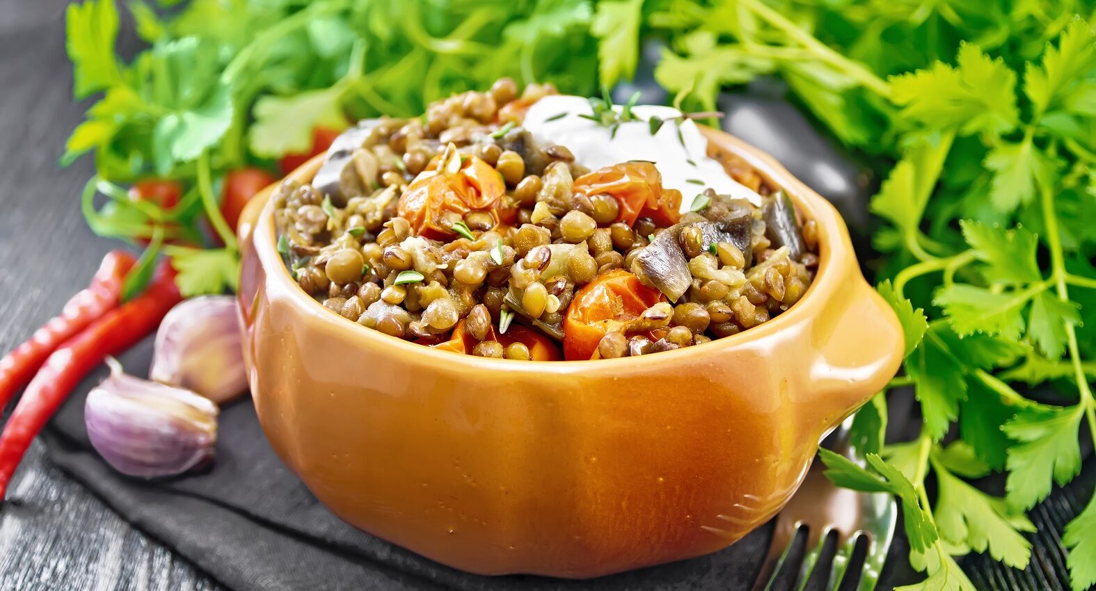 Salade de Lentilles Vertes à l'Aubergine et Sauce Crémeuse au Thym