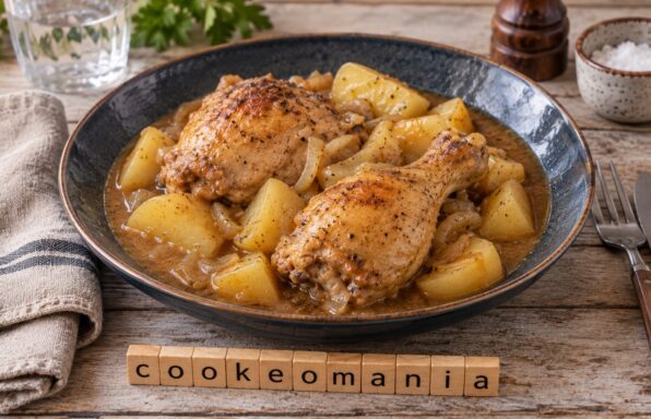 Cuisses de poulet, pommes de terre et sauce au fond de veau