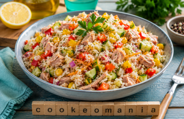 Salade de riz au poisson et légumes multicolores