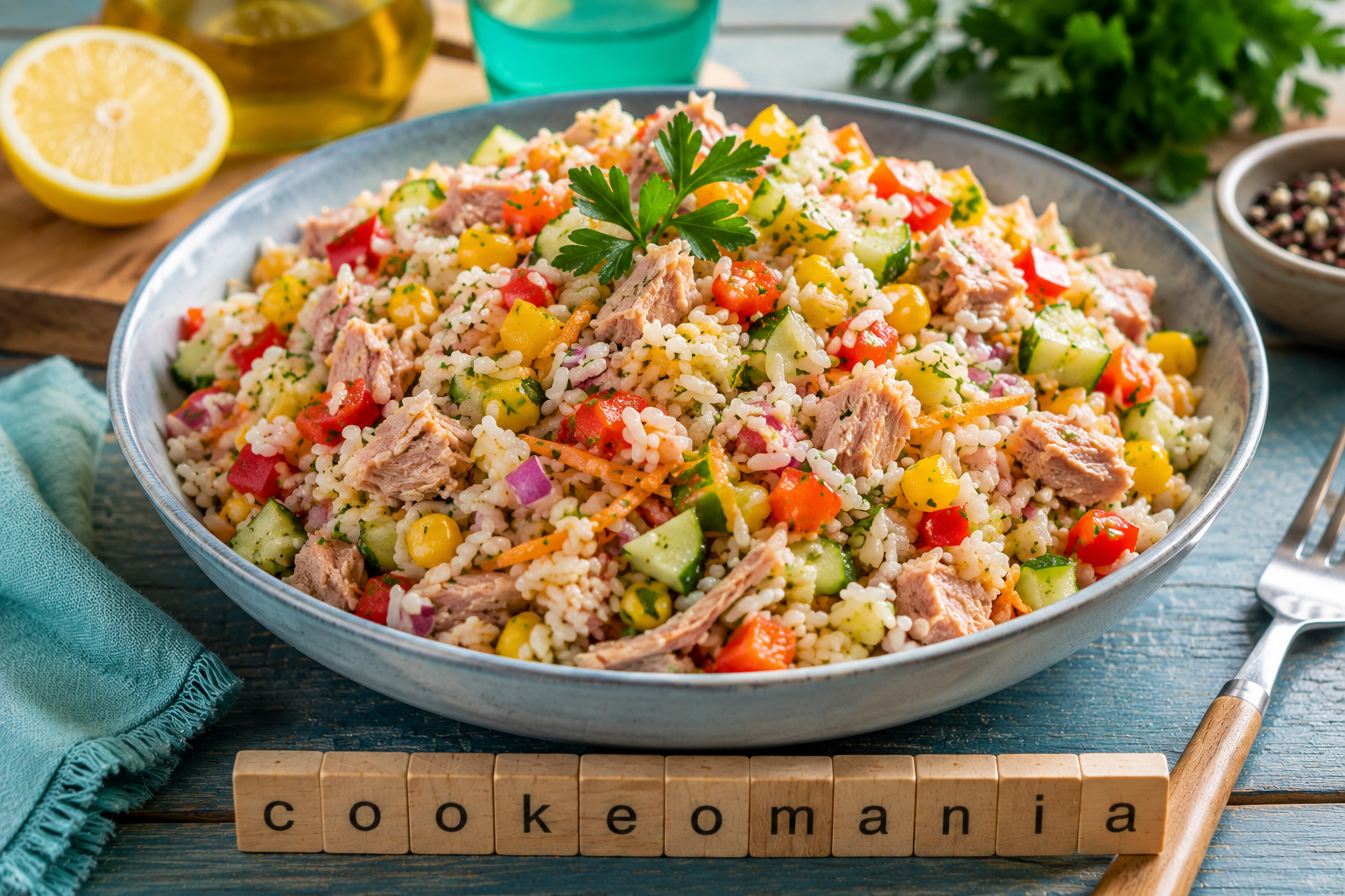 Salade de riz au poisson et légumes multicolores