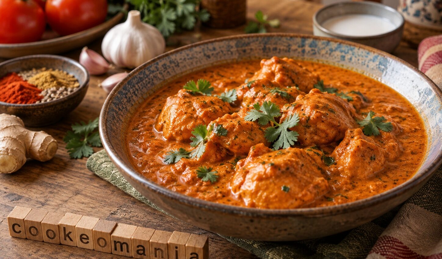 Poulet keto façon butter chicken dans une sauce crémeuse aux tomates et aux épices, garni de coriandre fraîche